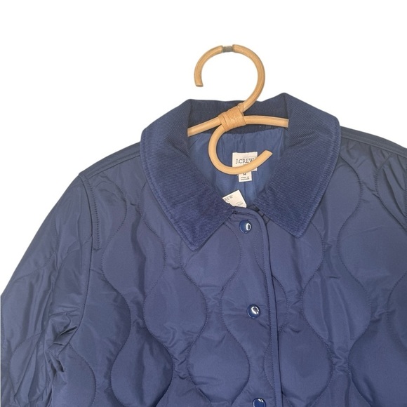 J. Crew** Navy Quilted Barn Jacket Corduroy Collar Pockets Snaps Size Medium NEW - Picture 3 of 16